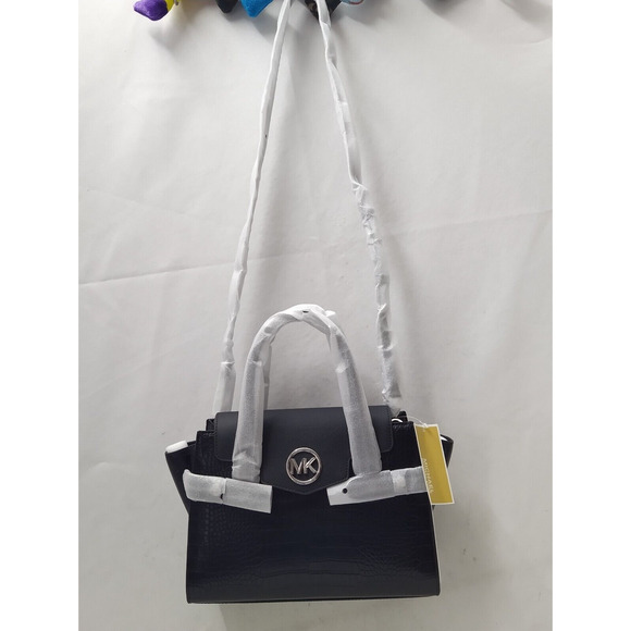 Michael Kors Carmen Black Leather Crocodile Embossed Flap Satchel Bag - NWT $598 - Picture 7 of 14